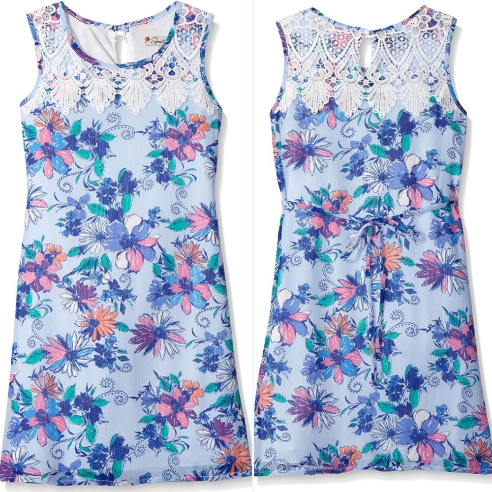 Speechless Girls Floral Crochet Lace Sleeveless Shift Dress Blue Size 14 New